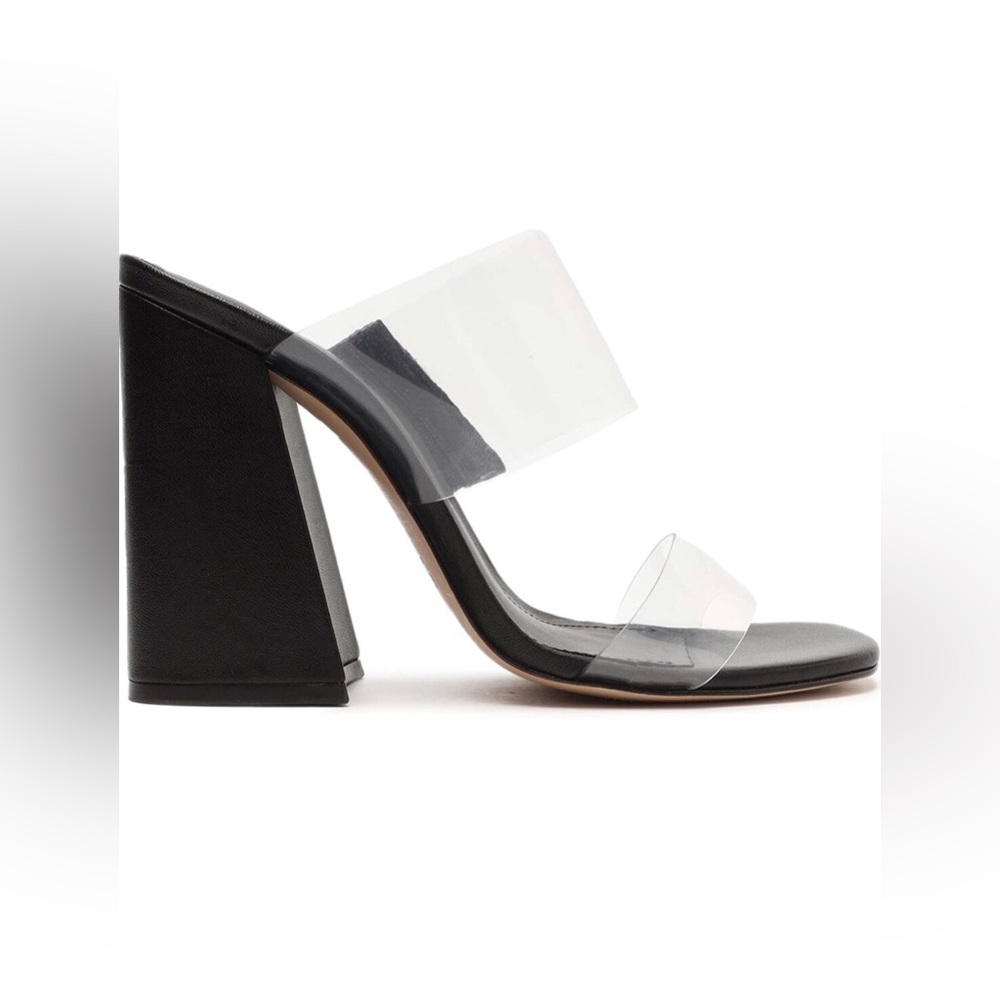 SCHUTZ Victorie Black Napa Leather Vinyl Block High Heel Sandal Size 11B NEW